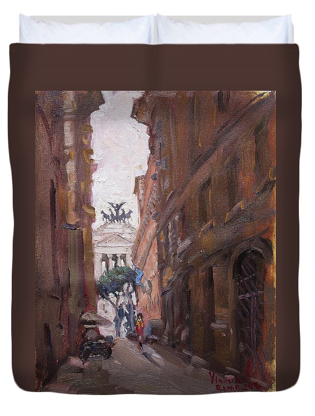 Rome Duvet Cover featuring the painting Street at Piazza Venezia Rome by Ylli Haruni