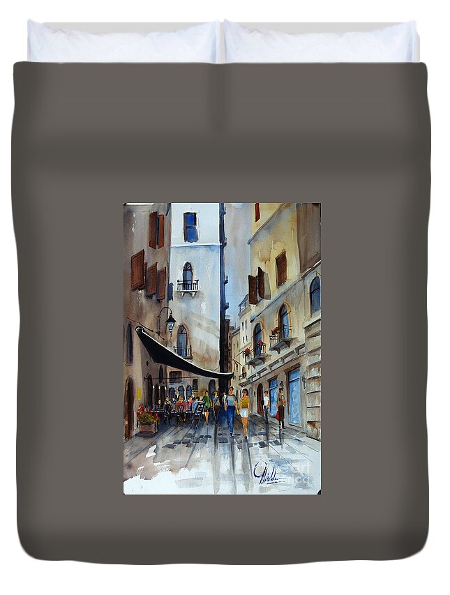Italian Street Scene Duvet Cover featuring the painting Taverna d' Strada by Gerald Miraldi