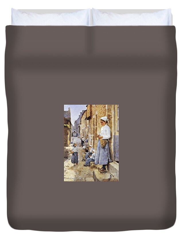 Stanhope Alexander Forbes - Street In Brittany 1881. Buildings Duvet Cover featuring the painting Street in Brittany by MotionAge Designs