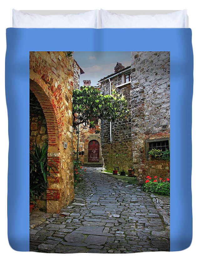 Romantic Street Duvet Cover featuring the photograph Street Path in Montefioralle Italy by Lily Malor