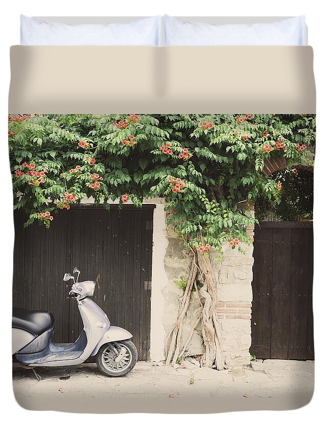 Balkan Duvet Cover featuring the photograph Street scene in Nessebar, Bulgaria by Alexey Stiop