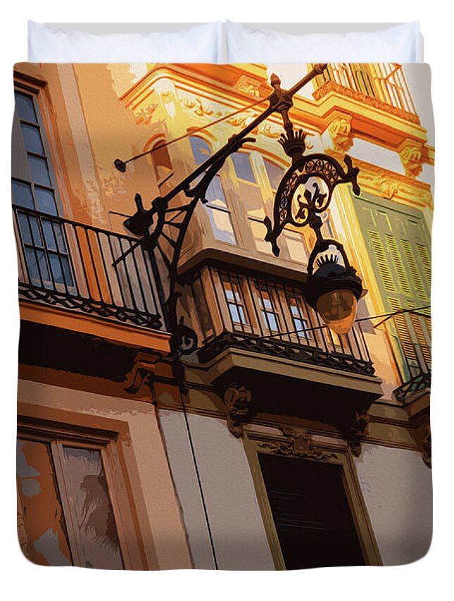Malaga Duvet Cover featuring the painting Streets of Malaga, Felix Saenz Square - 01 by AM FineArtPrints