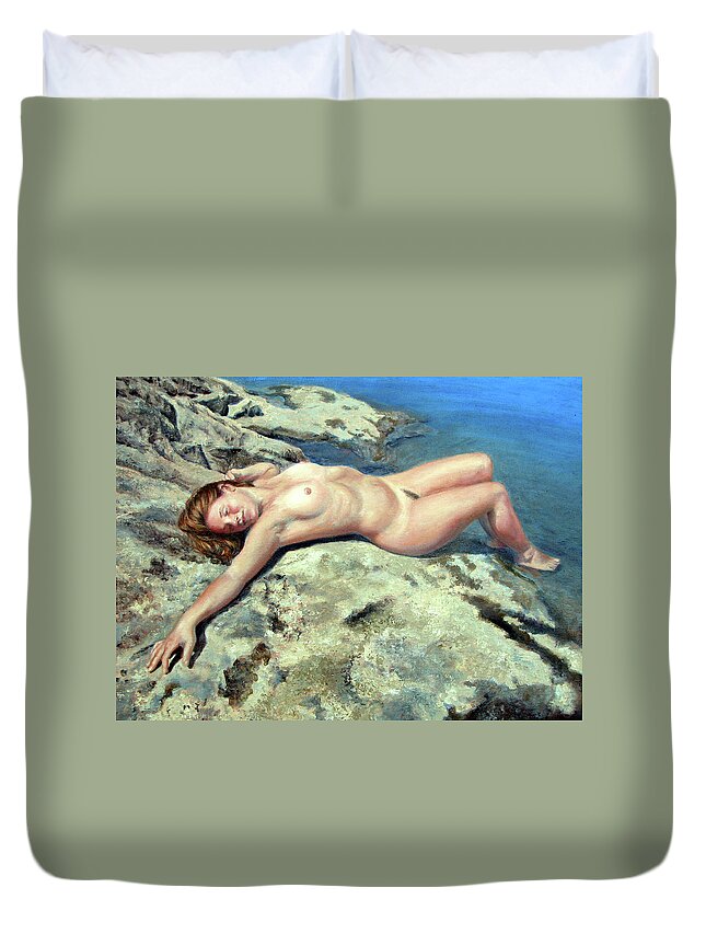 Nude Woman Duvet Cover featuring the painting Stretch on Rock Ledge by Marie Witte