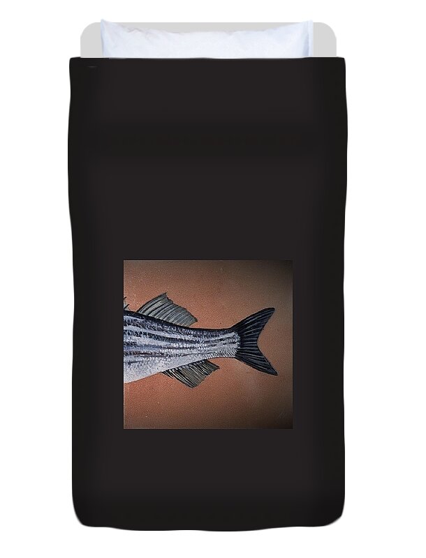 Fish Ocean Fishing Duvet Cover featuring the ceramic art Striped Bass #1 by Andrew Drozdowicz