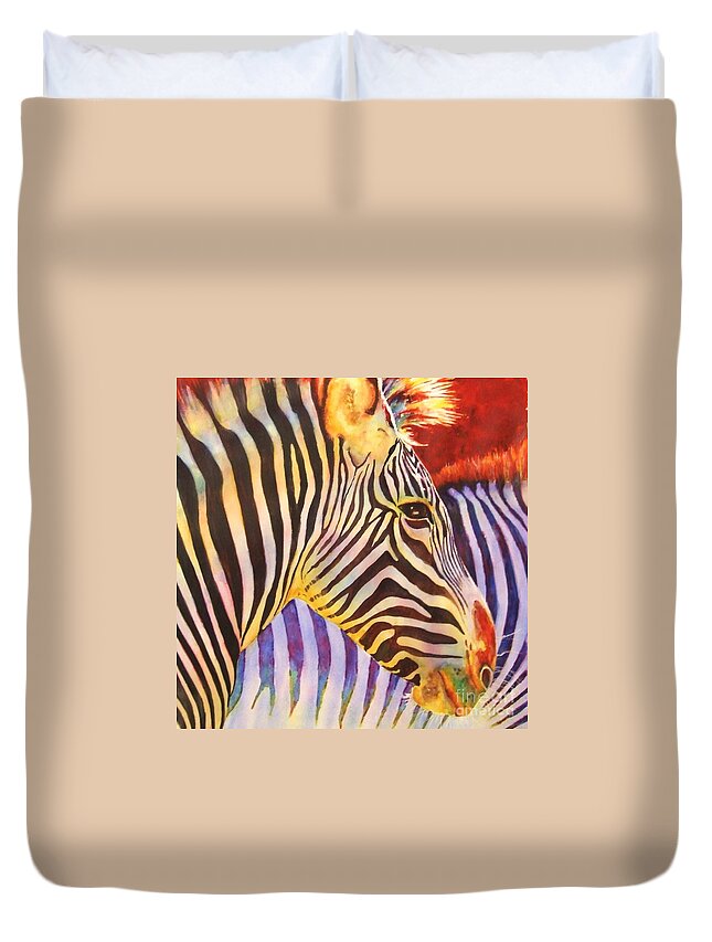 Zebra Duvet Cover featuring the painting Stripes by Greg and Linda Halom