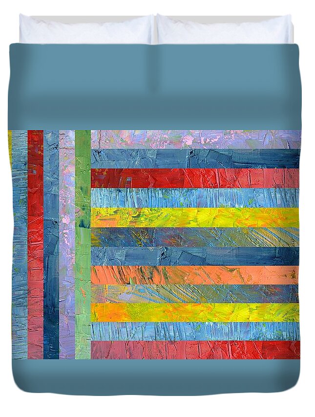 Textural Duvet Cover featuring the painting Stripes with Blue and Red by Michelle Calkins