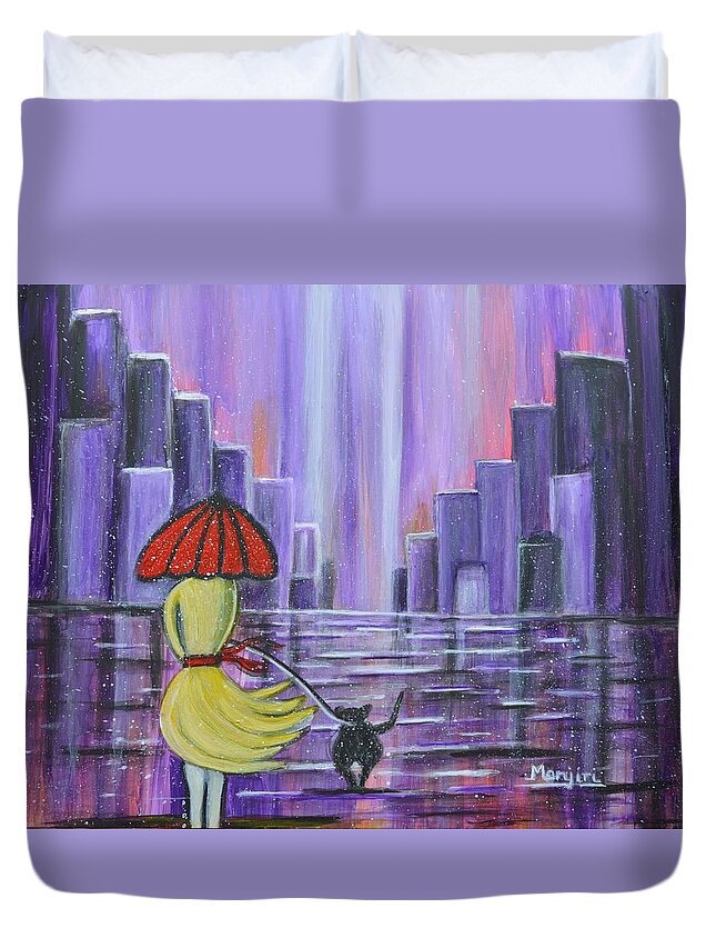 Purple Duvet Cover featuring the painting Stroll in the purple rain by Manjiri Kanvinde