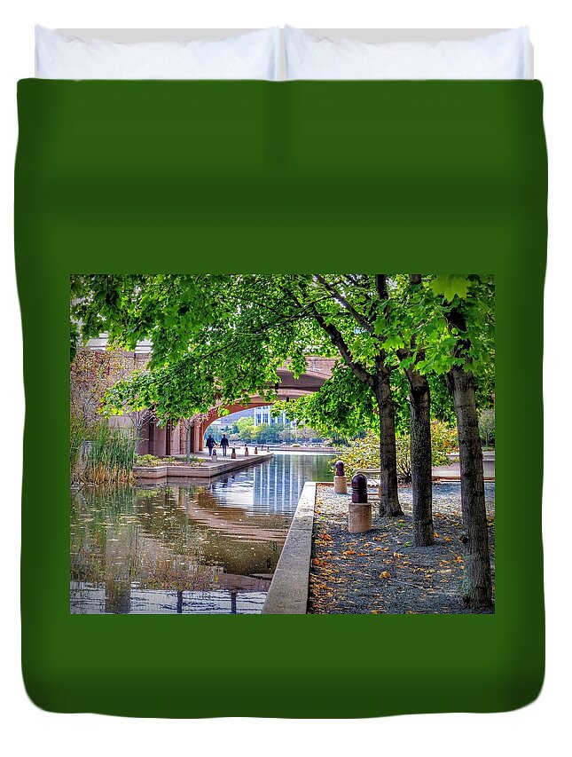 Water Tree People Walk Duvet Cover featuring the photograph Stroll by Wendell Ward