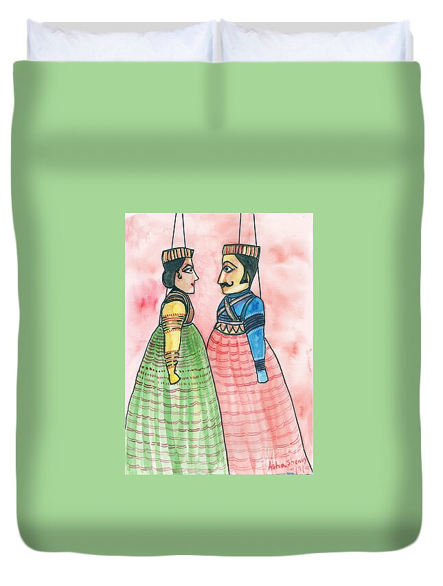 Puppets Duvet Cover featuring the painting Strung together by Asha Sudhaker Shenoy