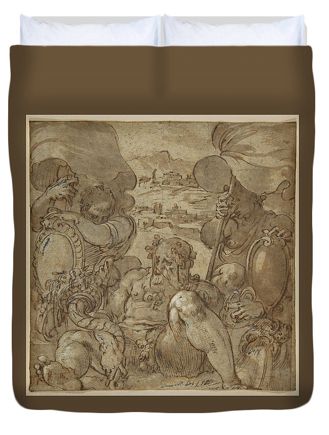 Jacopo Zucchi Duvet Cover featuring the drawing Study for the Allegory of San Gimignano and Colle Val d'Elsa by Jacopo Zucchi