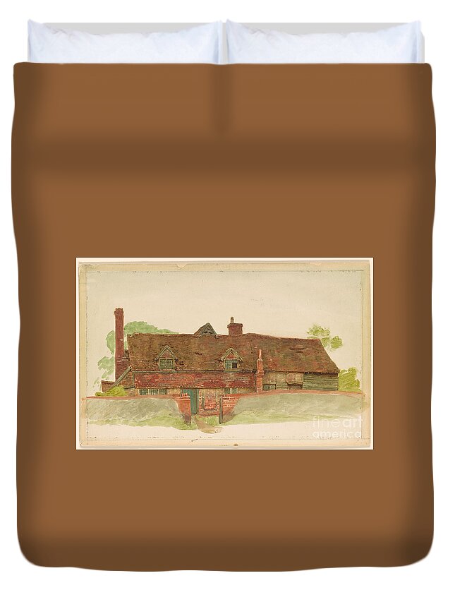 Kate Greenaway 1846-1901 Study Of A Long Cottage With Dormer Windows And Tiled Upper Wall. Beautiful House Duvet Cover featuring the painting Study of a Long Cottage with Dormer Windows by MotionAge Designs