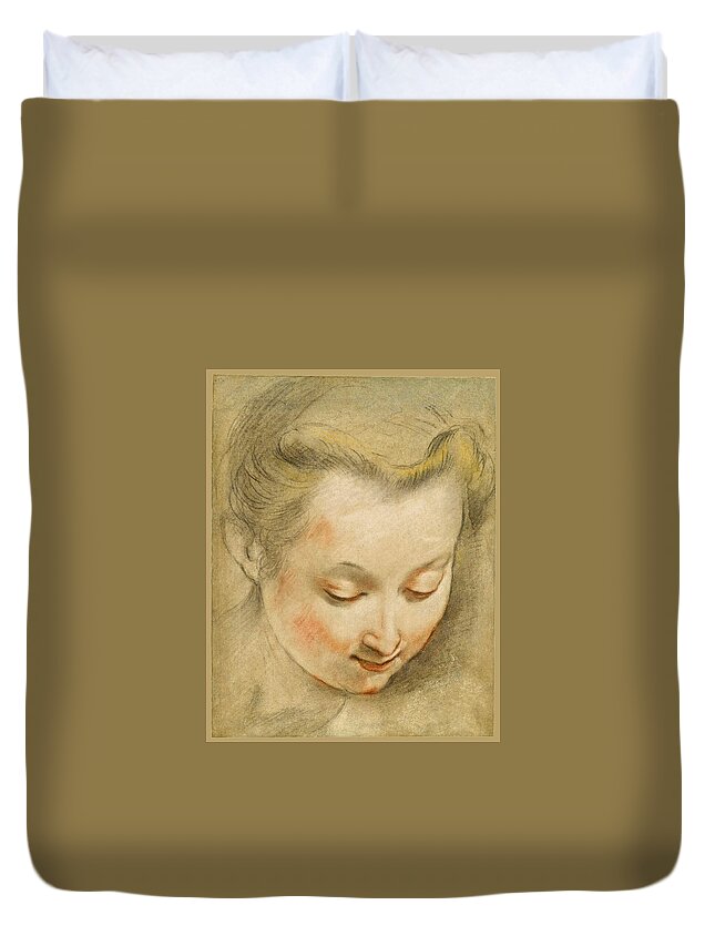 Federico Barocci Duvet Cover featuring the drawing Study of the Head of a Young Woman looking down to the Right by Federico Barocci