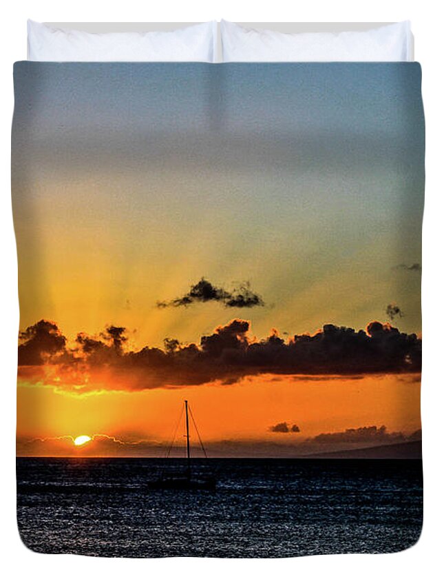 Sailboat Photographs Duvet Cover featuring the photograph Stunning Sunset by Joann Copeland-Paul