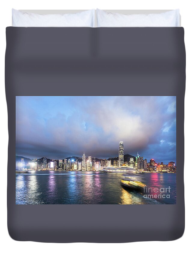 Central - Hong Kong Duvet Cover featuring the photograph Stunning view of Hong Kong island at night. by Didier Marti