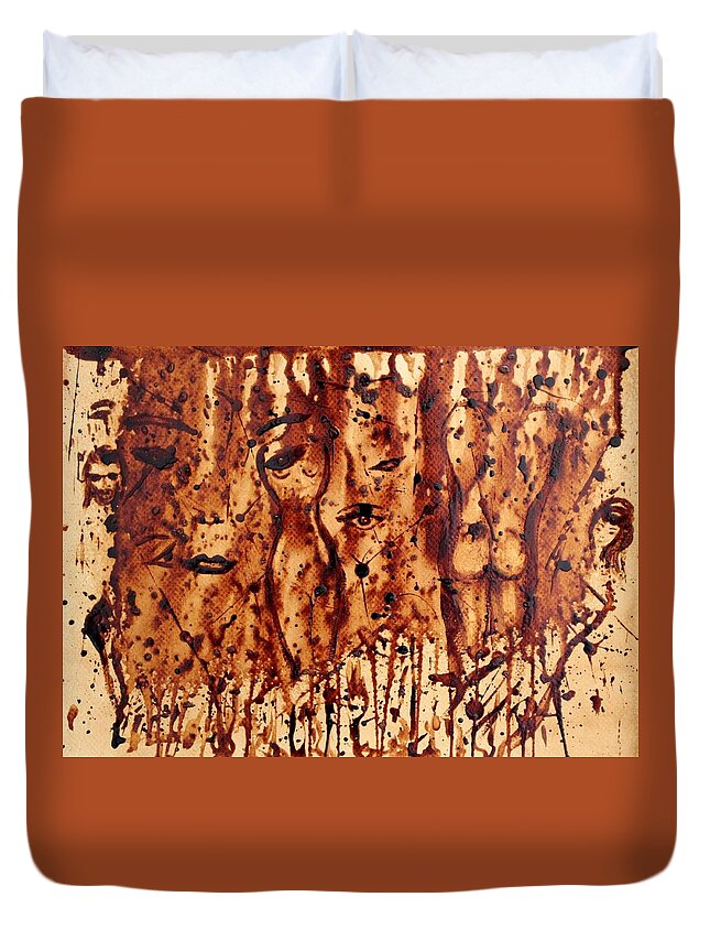 Abstract Coffee Painting On Paper Duvet Cover featuring the painting Subtle Atraction coffee painting by Georgeta Blanaru