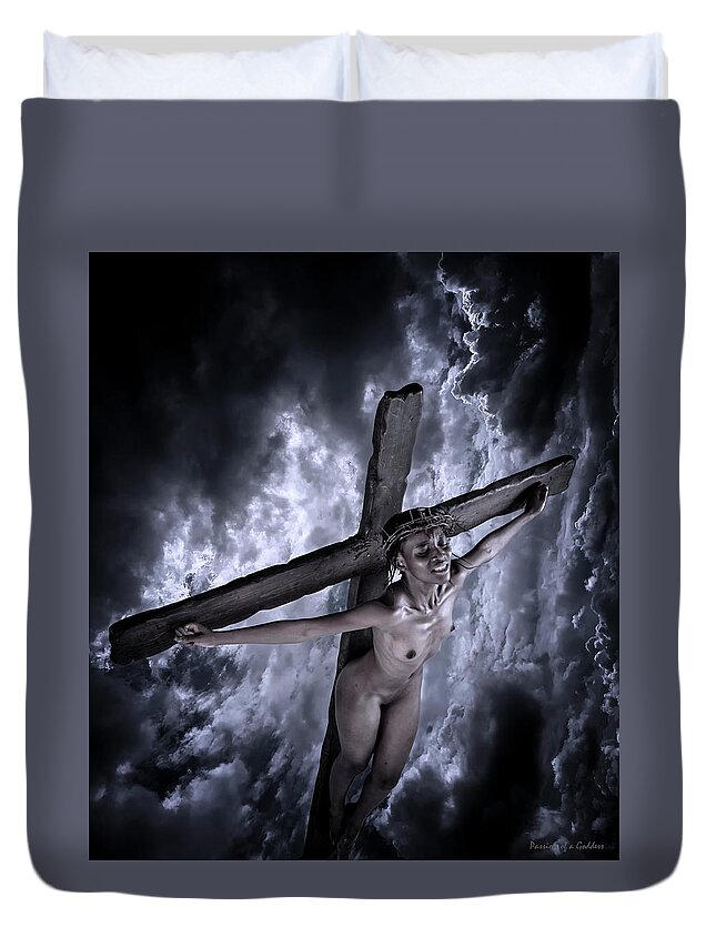 Suffering Duvet Cover featuring the pyrography Suffering in the dark sky by Ramon Martinez