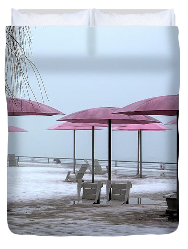 Toronto Duvet Cover featuring the digital art Sugar Beach Pink Parasols by Nicky Jameson