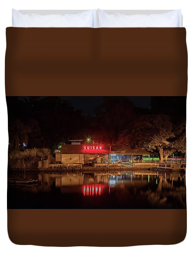 Suisan Fish Market Duvet Cover featuring the photograph Suisan Fish Market at Night by Susan Rissi Tregoning