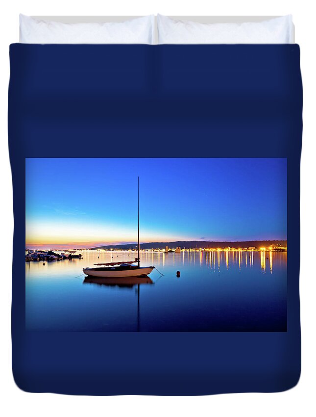 Sea Duvet Cover featuring the photograph Sukosan waterfront and calm sea evening view by Brch Photography