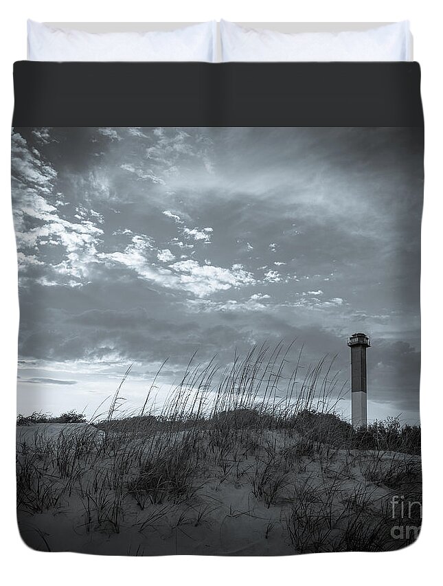Sullivan's Island Lighthouse Duvet Cover featuring the photograph Sullivan's Island Lighthouse in Black and White 3 by Dale Powell