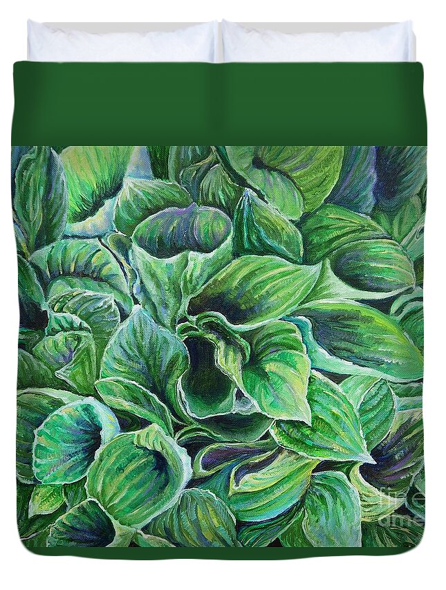 Sum And Substance Duvet Cover featuring the painting Sum and Substance Hosta by Linda Markwardt