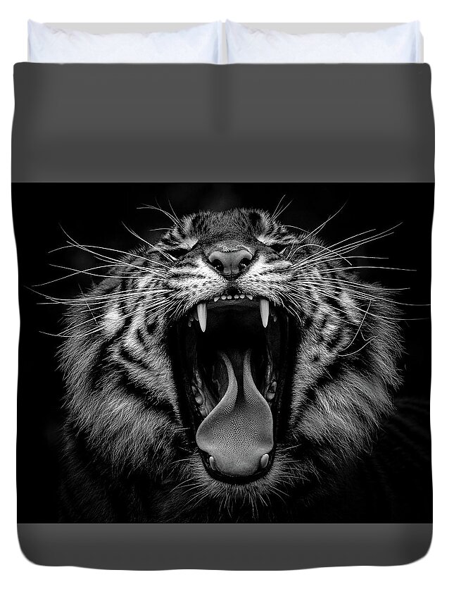 Tiger Duvet Cover featuring the photograph Sumatran Tiger V BW by Athena Mckinzie