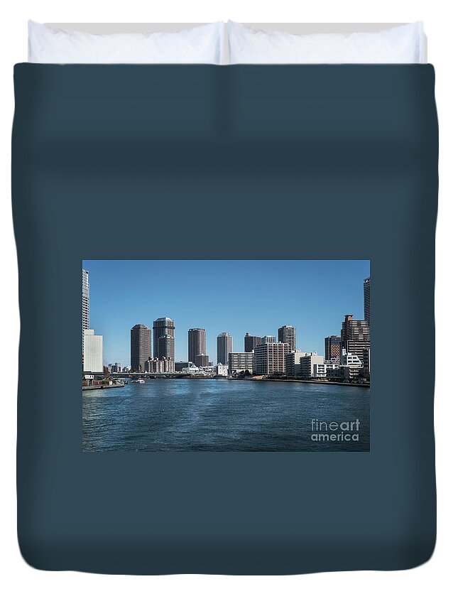 River Duvet Cover featuring the photograph Sumida River High Rise, Tokyo Japan by Perry Rodriguez