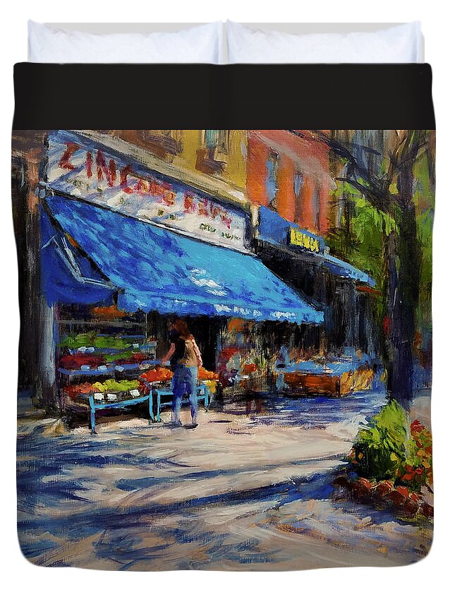 Family Business Duvet Cover featuring the painting Summer Afternoon, Columbus Avenue by Peter Salwen