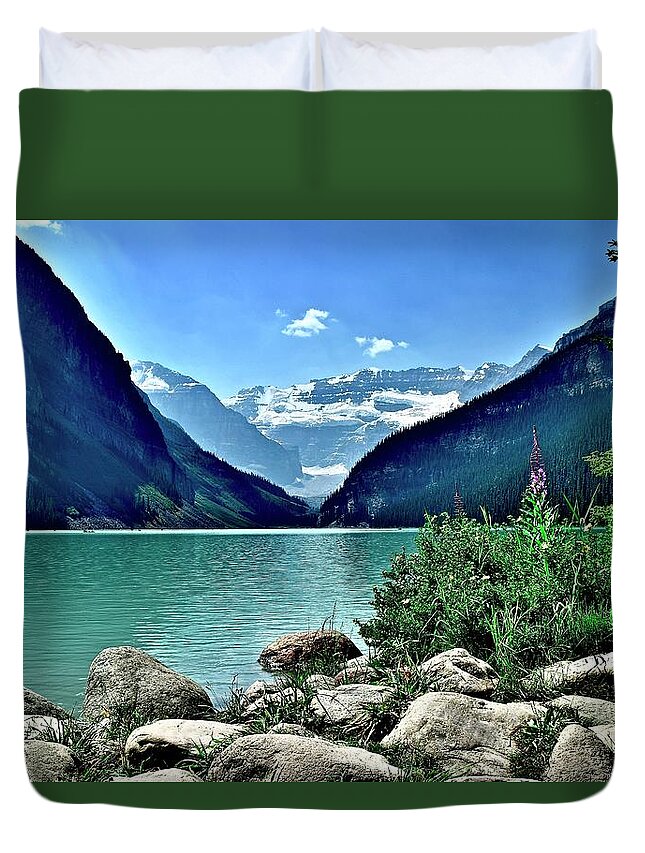 Lake Duvet Cover featuring the photograph Summer at Louise by Frozen in Time Fine Art Photography