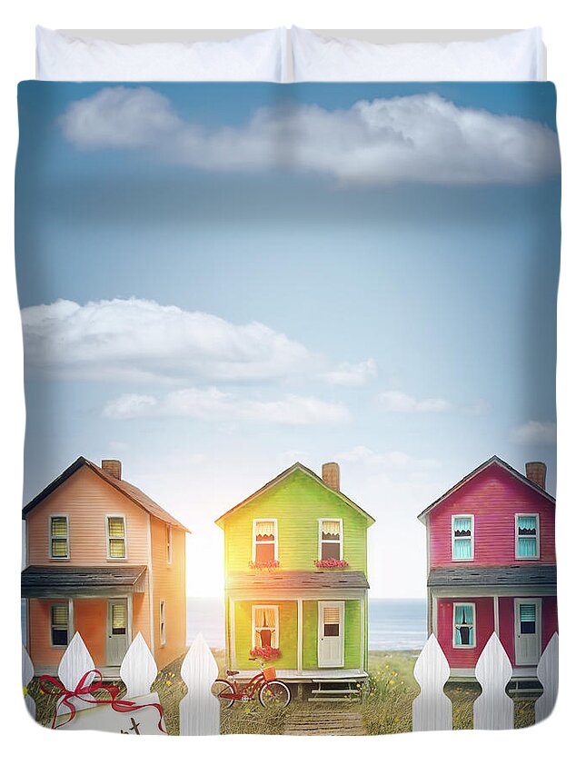 Atmosphere Duvet Cover featuring the photograph Summer beach huts by the seashore by Sandra Cunningham