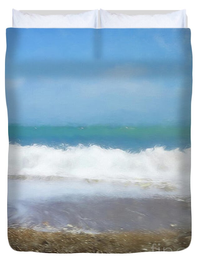 Seaside Duvet Cover featuring the mixed media Summer Beach Swanage Bay by Linsey Williams