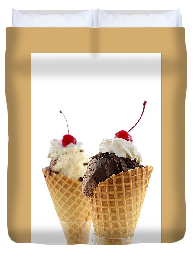 Brown Duvet Cover featuring the photograph Summer chocolate and vanilla ice cream wafer cones. by Milleflore Images