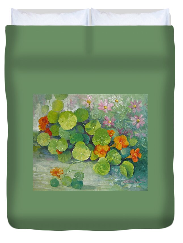 Nasturtiums Duvet Cover featuring the painting Summer colors by Elena Oleniuc