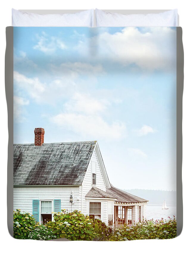 Atmospheric Duvet Cover featuring the photograph Summer cottage and flowers by the ocean by Sandra Cunningham