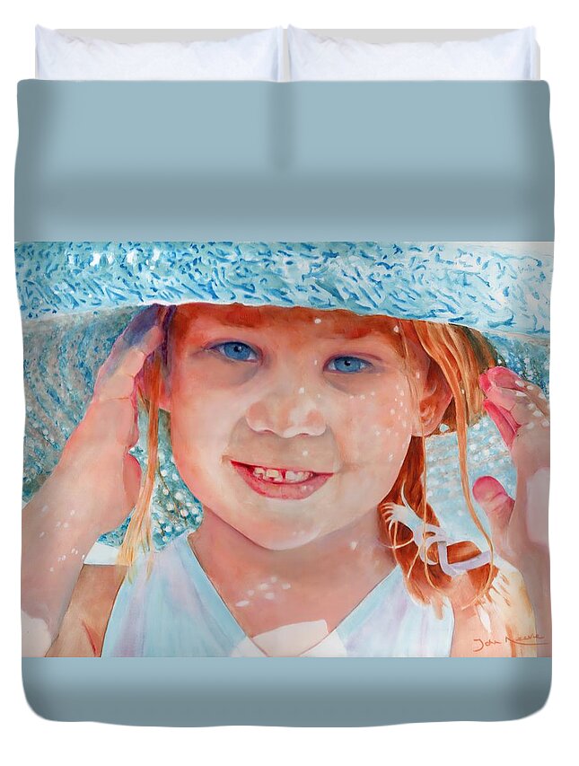 Girl Duvet Cover featuring the painting My New Hat by John Neeve