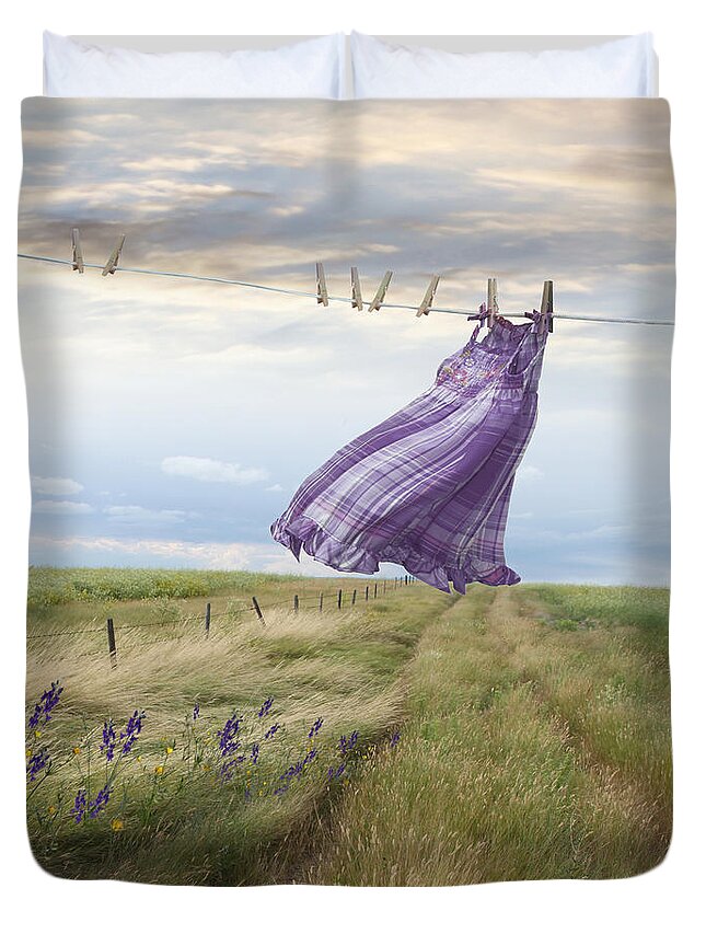 Atmosphere Duvet Cover featuring the photograph Summer dress blowing on clothesline with girl walking down path by Sandra Cunningham