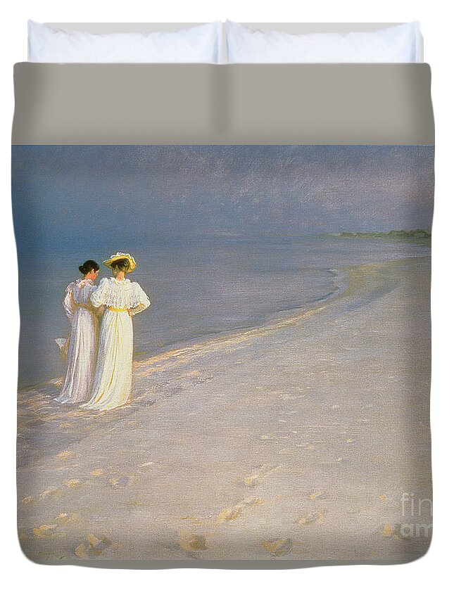 Kroyer Duvet Cover featuring the painting Summer Evening on the Skagen Southern Beach with Anna Ancher and Marie Kroyer by Peder Severin Kroyer