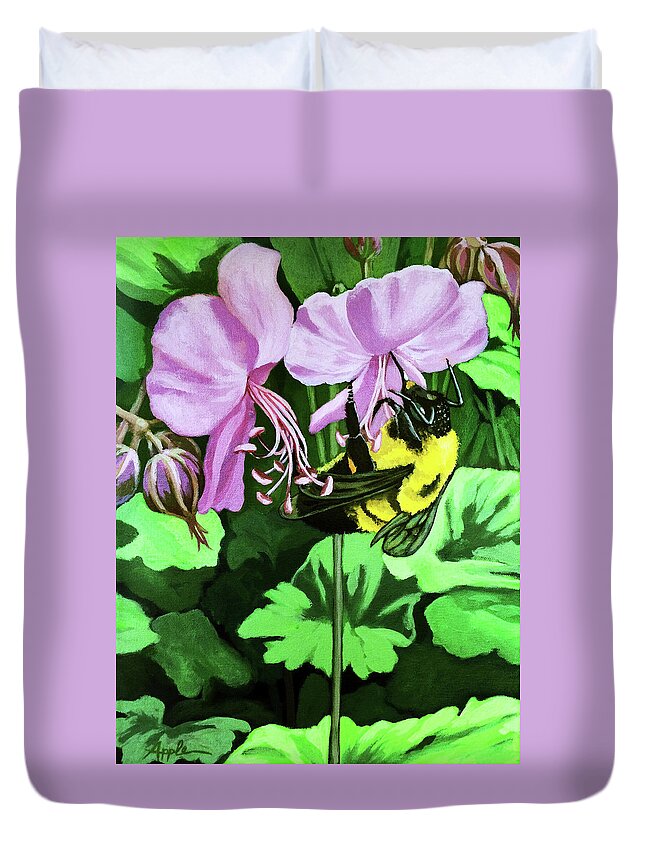  Painting Duvet Cover featuring the painting Summer Garden BUMBLEBEE and Flowers nature painting by Linda Apple