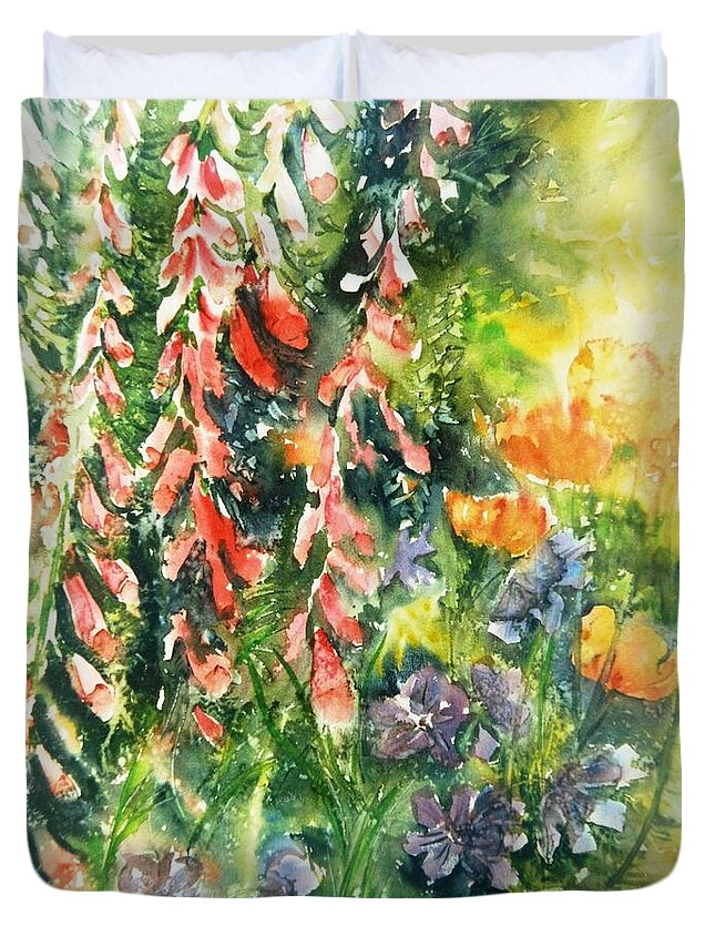 Summer Duvet Cover featuring the painting Summer Garden Light with Foxgloves by Trudi Doyle