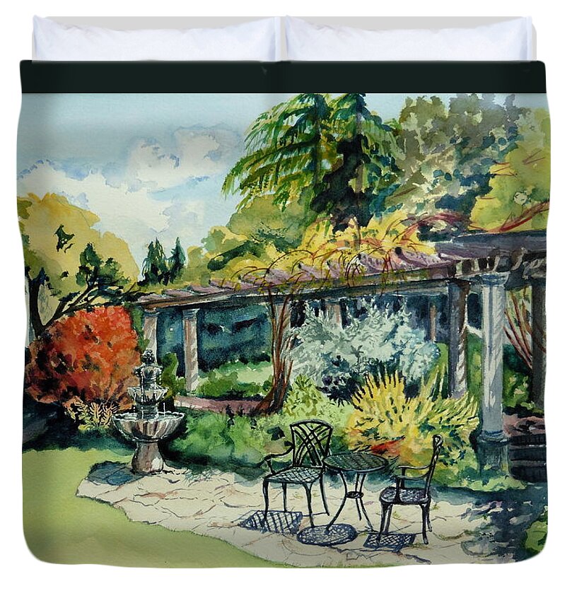 Green Duvet Cover featuring the painting Summer Gardens by Sonia Mocnik