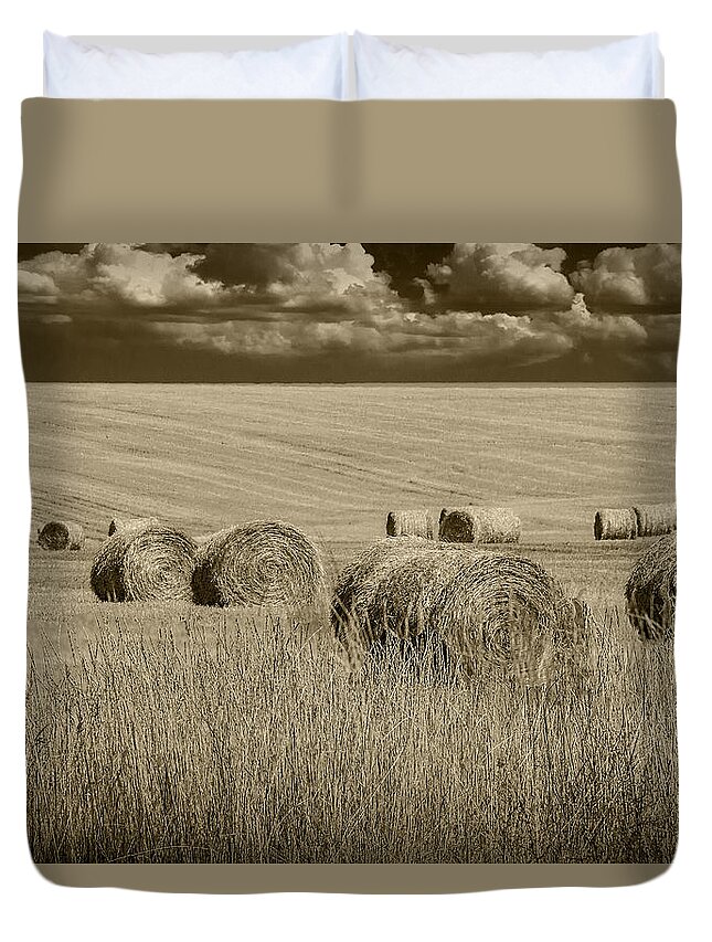 Art Duvet Cover featuring the photograph Summer Harvest Field with Hay Bales in Sepia by Randall Nyhof