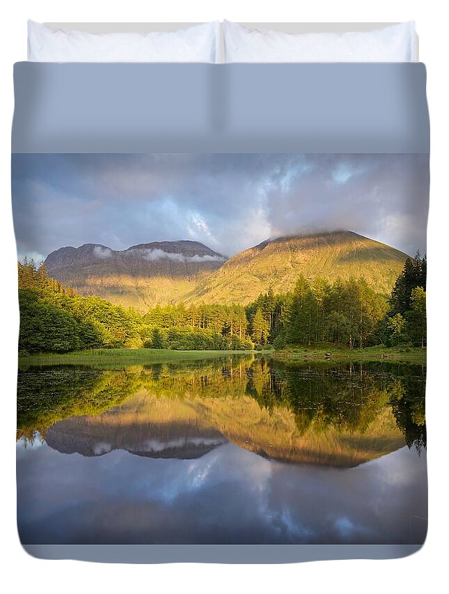 Bidean Nam Bian Duvet Cover featuring the photograph Summer reflections at the Torren Lochan by Stephen Taylor