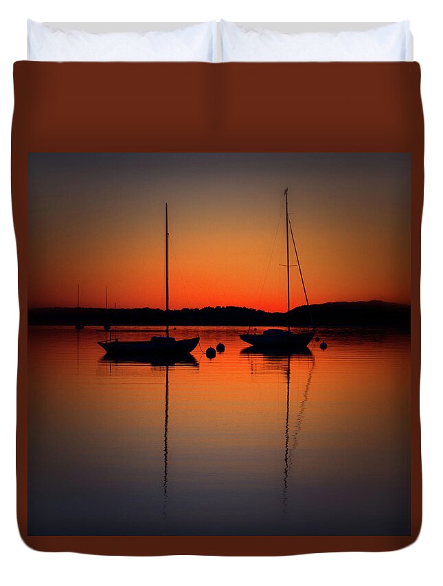 Sailboats Duvet Cover featuring the photograph Summer Sunset Calm Anchor by Bruce Gannon