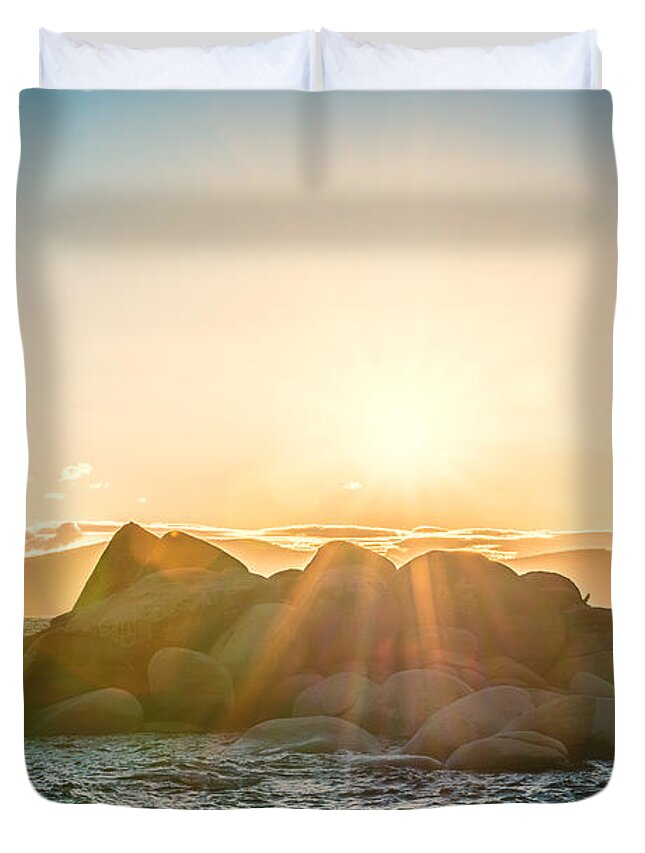 Lake Tahoe Duvet Cover featuring the photograph Summer Sunset Over Rocks on Lake Tahoe East Shore near Bonsai Rock with Lens Flare and Mountains by Brian Ball