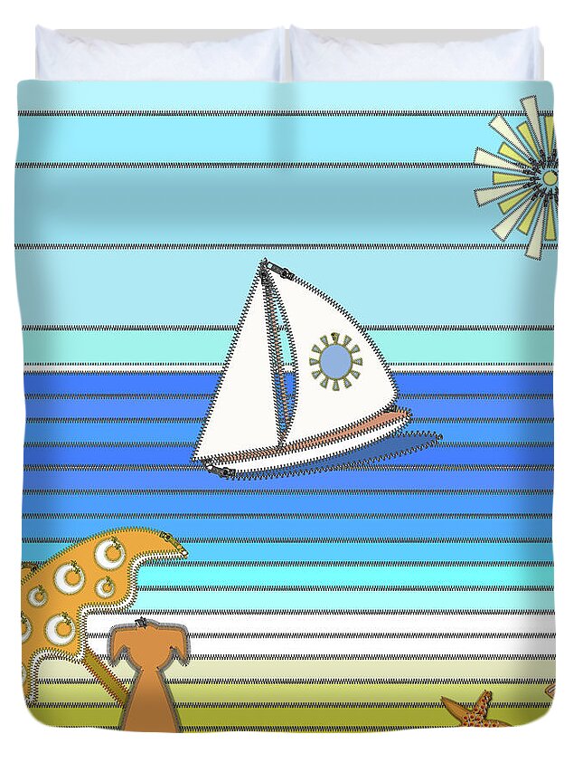 Dog Duvet Cover featuring the digital art Dog on Beach - Parasol in Paradise by Barefoot Bodeez Art