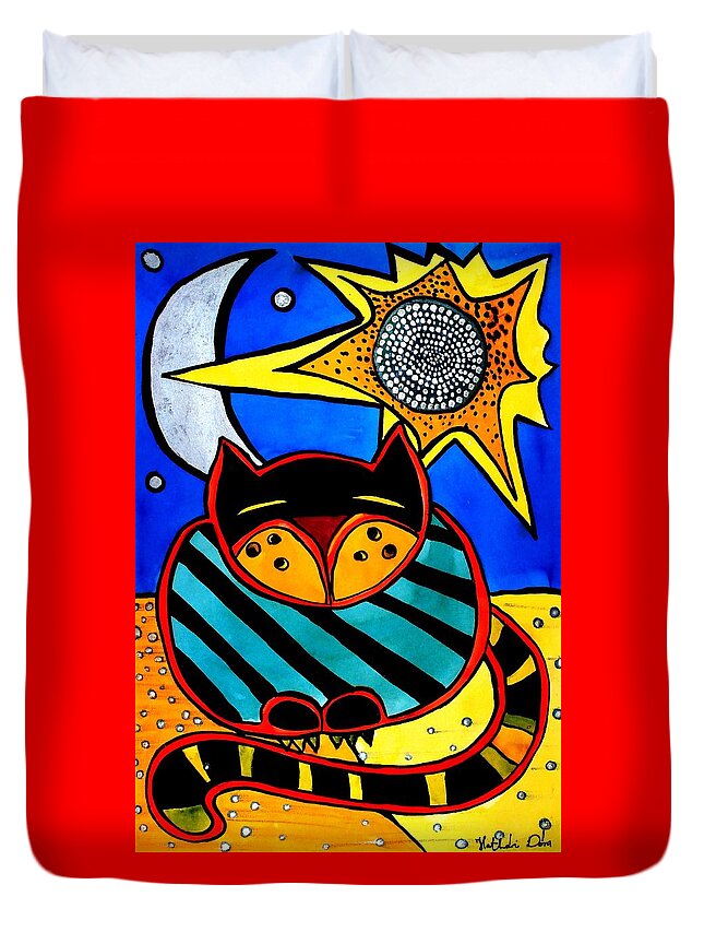 For Kids Duvet Cover featuring the painting Sun and Moon - Honourable Cat - Art by Dora Hathazi Mendes by Dora Hathazi Mendes
