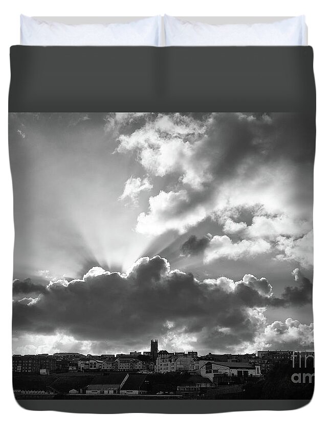 Sun Duvet Cover featuring the photograph Sun Beams over Church by Nicholas Burningham