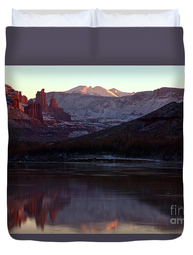 Fisher Towers Duvet Cover featuring the photograph Sun Down At Fisher Towers by Adam Jewell