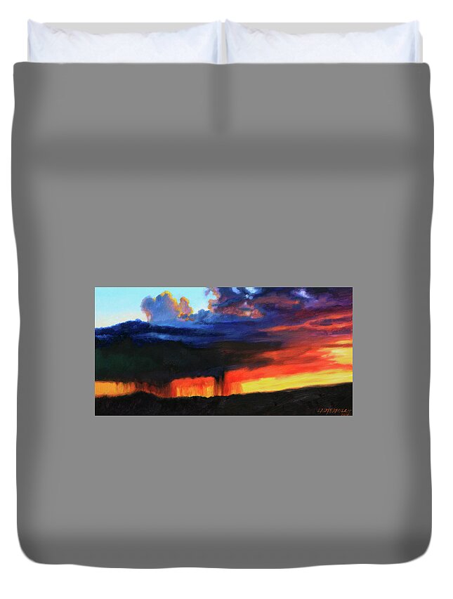 Sunset Duvet Cover featuring the painting Sun Rain and Clouds by John Lautermilch