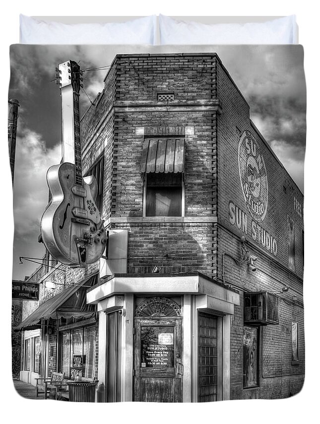 Reid Callaway Sun Studio Duvet Cover featuring the photograph Sun Studio B W The Rock N Roll Birthing Place Memphis Tennessee Art by Reid Callaway